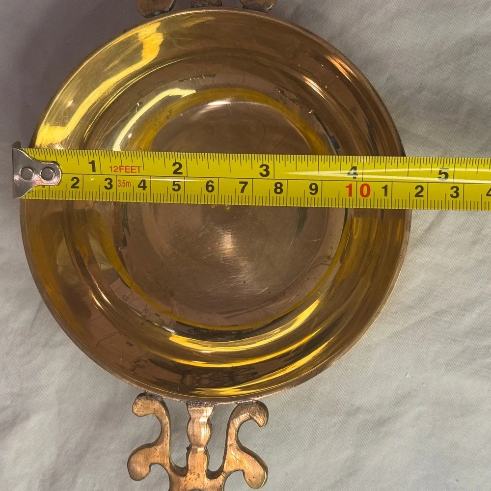 Vintage Brass Decorative Bowl with Ornate Scroll Handles Made in India 4.5